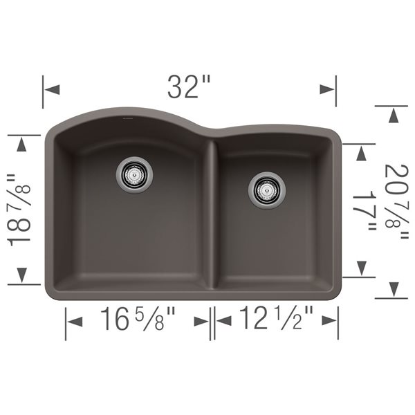 Évier de cuisine à deux cuves 60/40 en SILGRANIT Diamond de BLANCO sous plan 32 po, gris volcanique