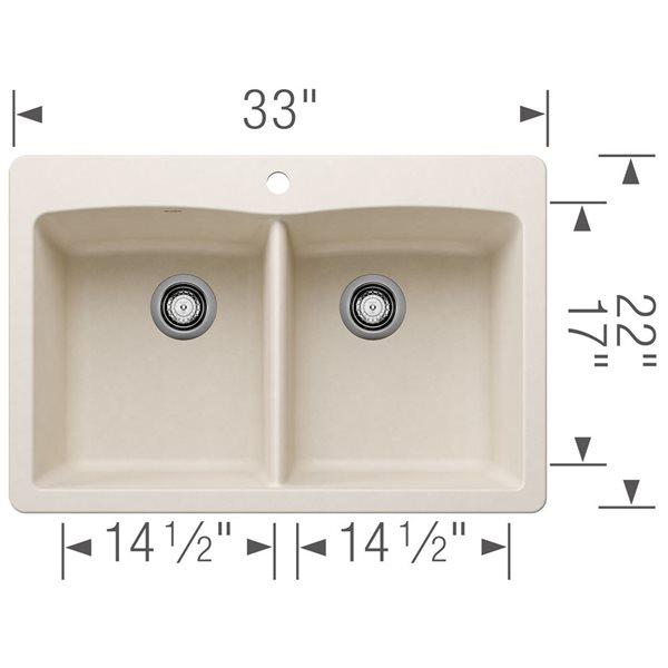 Évier de cuisine à deux cuves 50/50 en SILGRANIT Diamond de BLANCO 2 montages 33 po, blanc doux