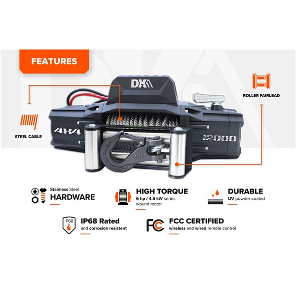 DK2 12,000 lb Premium Electric 4x4 Winch with Steel Cable