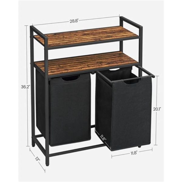 Boutique Home Rustic Brown and Black Laundry Hamper Sorter with 2 Bags and 2 Shelves -  46L Capacity