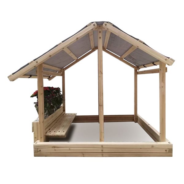 Funphix Dig n’ Play Wooden Sandbox Playhouse with Bench, Flower Planter and Outdoor Sand Pit for Kids