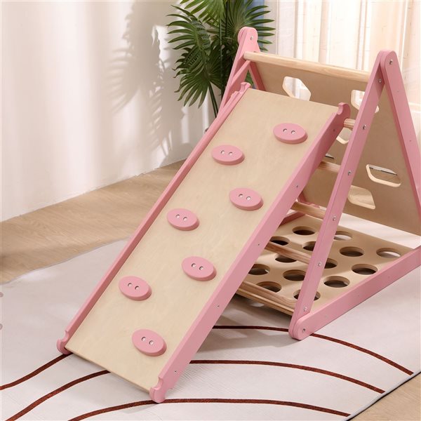 Funphix Pikler Climbing Set - Pink/Wood Foldable Triangle and Slide Board