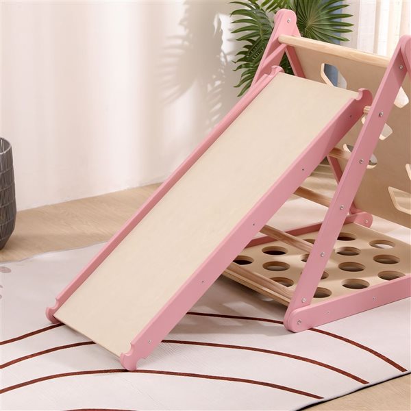 Funphix Pikler Climbing Set - Pink/Wood Foldable Triangle and Slide Board