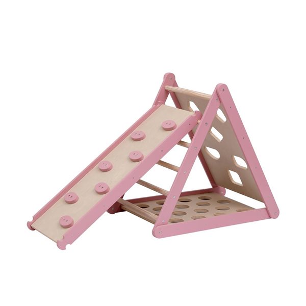 Jeu d'escalade Pikler de Funphix rose/bois triangle pliable et glissade