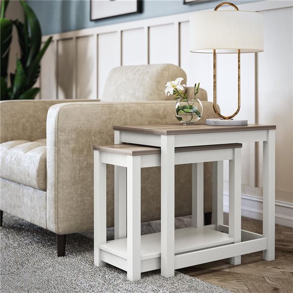 Ameriwood Home Chapel Hill White with Brown Oak Top Rustic Farmhouse Nesting Tables - Set of 2