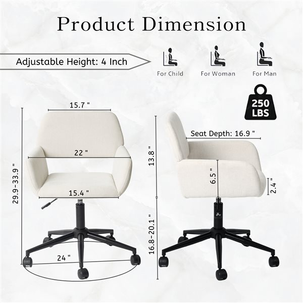 Homy Casa Chaise de Bureau à Hauteur Réglable avec Rembourrage et Support Lombaire Moyen avec Accoudoirs en Tissu Beige
