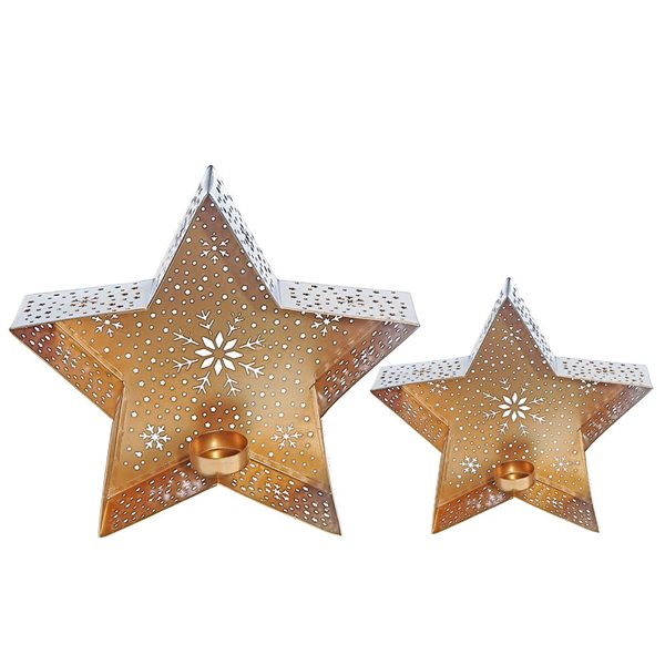 iH casadécor Metal Cutout White Star Tealight Holder Set of 2