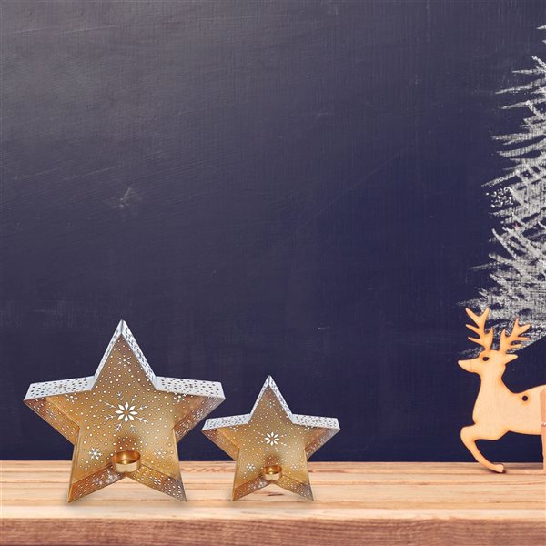 iH casadécor Metal Cutout White Star Tealight Holder Set of 2