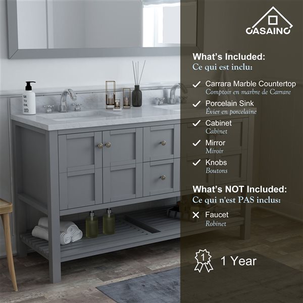 CASAINC Grey Bathroom Vanity with Carrara White Natural Marble Top