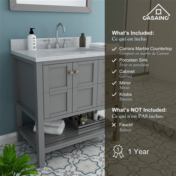 CASAINC Grey Bathroom Vanity with Carrara White Natural Marble Top