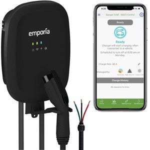 Borne de recharge résidentielle intelligente EV niveau 2 Emporia Energy câblé noir de 48 A, J1772