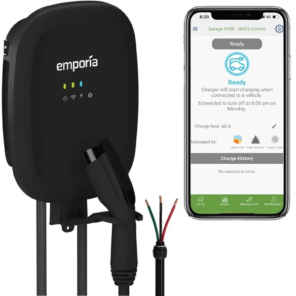 Emporia Energy Black Hardwired Smart Home Level 2 EV Charger 48 A - J1772