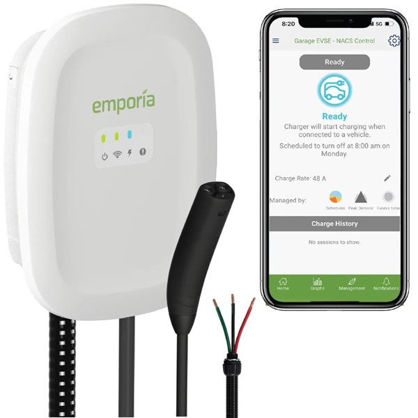 Borne de recharge résidentielle intelligente niveau 2 Emporia Energy câblé blanc de 48 A, NACS