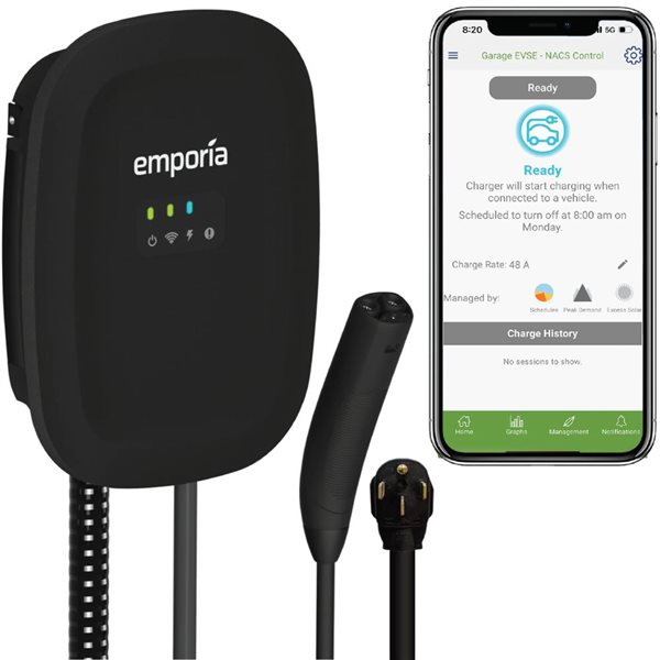 Borne de recharge résidentielle intelligente EV niveau 2 Emporia Energy à brancher noir de 40 à 48 A, NACS