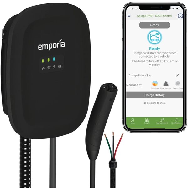 Borne de recharge résidentielle intelligente EV niveau 2 Emporia Energy câblé noir de 48 A, NACS