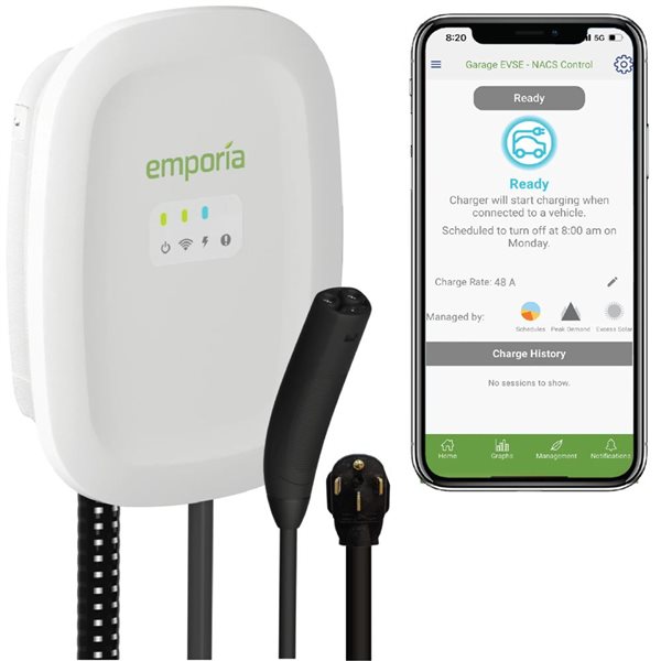 Borne de recharge résidentielle intelligente EV niveau 2 Emporia Energy à brancher blanc de 40 à 48 A, NACS