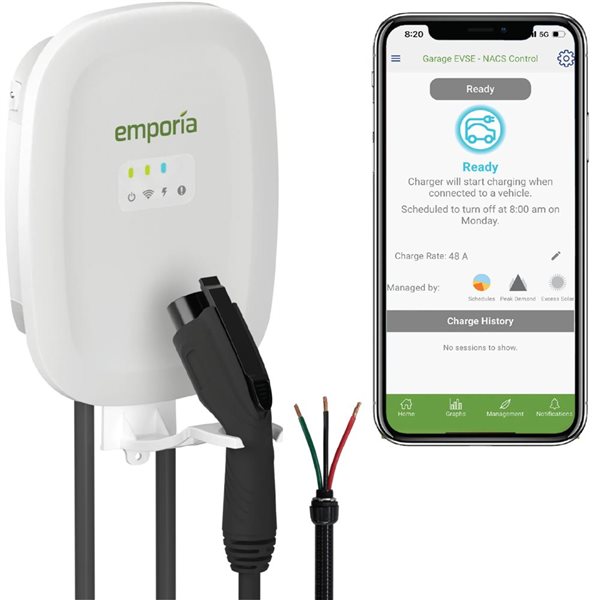 Emporia Energy White Hardwired Smart Home Level 2 EV Charger 48 A - J1772