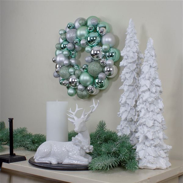 Northlight 13-in Silver and Seafoam Green 3-Finish Shatterproof Ball Christmas Wreath