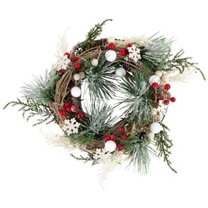 Northlight Unlit Frosted Pine and Berries Winter Foliage Mini Christmas Wreath - 10-in