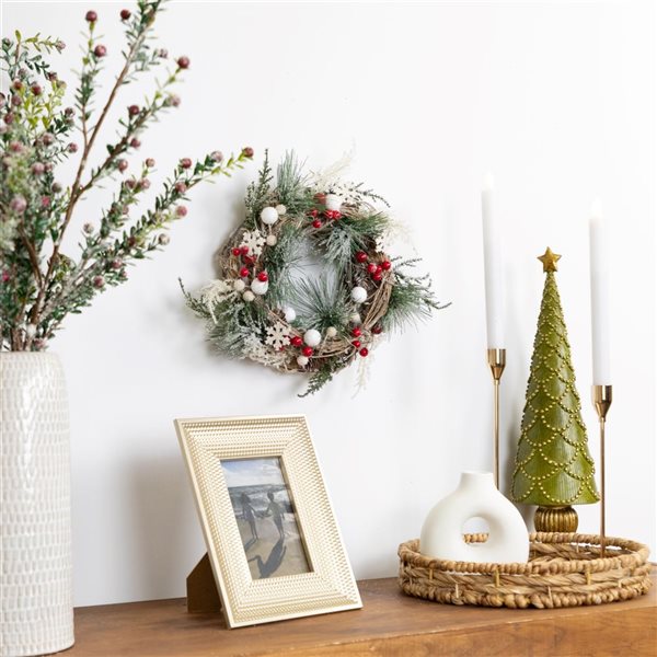 Northlight Unlit Frosted Pine and Berries Winter Foliage Mini Christmas Wreath - 10-in