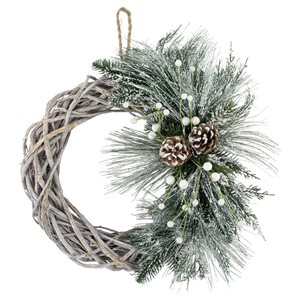 Northlight Unlit Frosted Pine Cone and Foliage Artificial Christmas Twig Wreath - 15-in