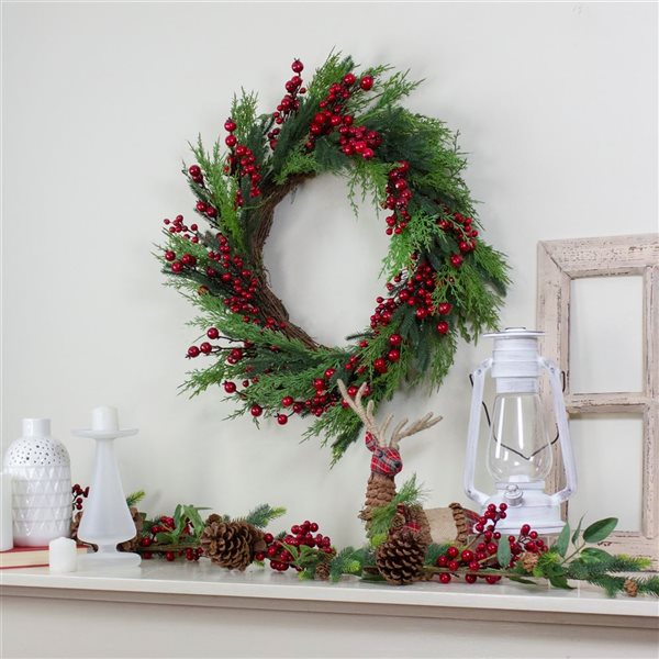 Northlight Unlit Mixed Pine and Berries Artificial Christmas Wreath - 26-in