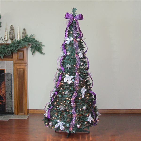 Northlight 6-ft Pre-Lit Purple and Silver Pre-Decorated Pop-Up Artificial Christmas Tree  Clear Lights