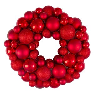 Northlight Unlit Red Hot 3-Finish Shatterproof Ball Christmas Wreath - 13-in