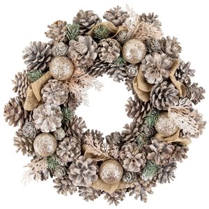 Northlight Unlit Glittered Pine and Burlap Bows Artificial Christmas Wreath - 13.75-in