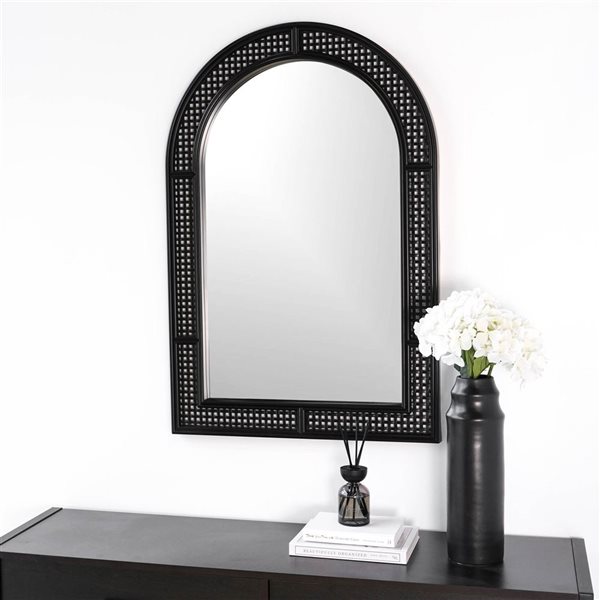 Hudson Home Rolland 24 x 36-in Black Plastic Rattan Arched Framed Wall-Mount Accent Mirror