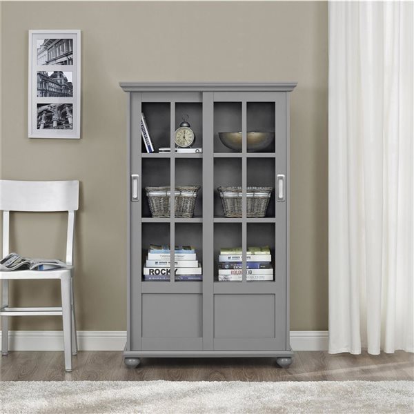 Ameriwood Home Aaron Lane 4-Tier Gray  Bookcase w/ Sliding Glass Doors