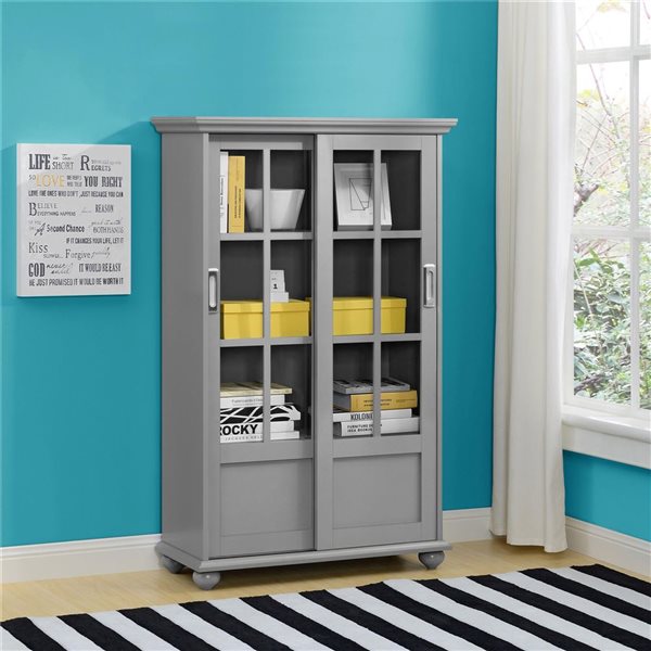 Ameriwood Home Aaron Lane 4-Tier Gray  Bookcase w/ Sliding Glass Doors