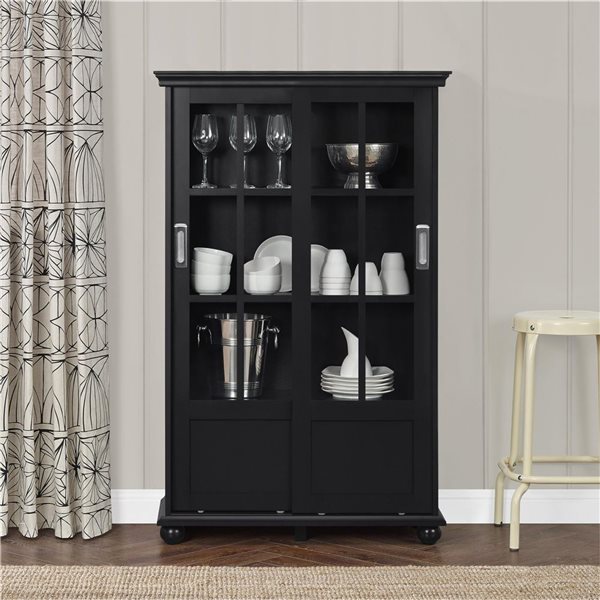 Ameriwood Home Aaron Lane 4-Tier Black  Bookcase w/ Sliding Glass Doors