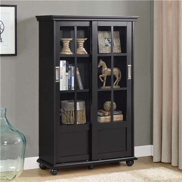 Ameriwood Home Aaron Lane 4-Tier Black  Bookcase w/ Sliding Glass Doors
