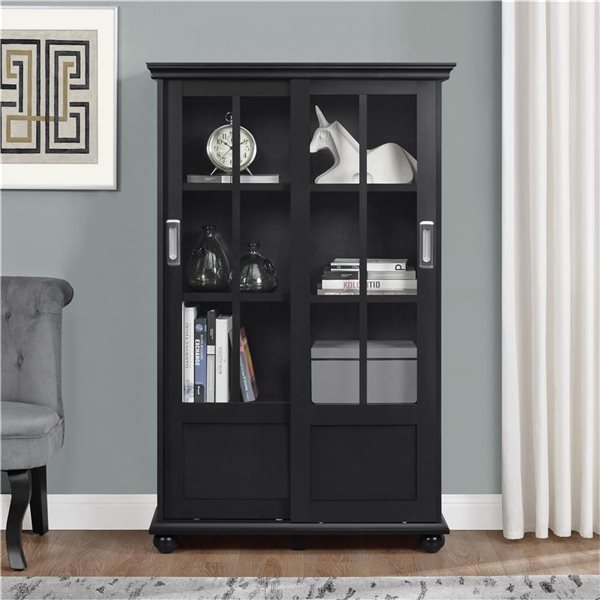 Ameriwood Home Aaron Lane 4-Tier Black  Bookcase w/ Sliding Glass Doors