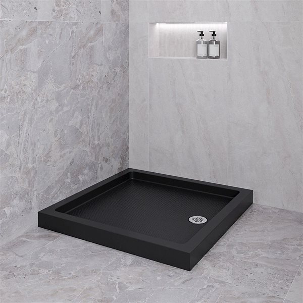 Bac de douche acrylique en coin carré Streamline 36 po noir brillant drain à droite, drain ABS inclus