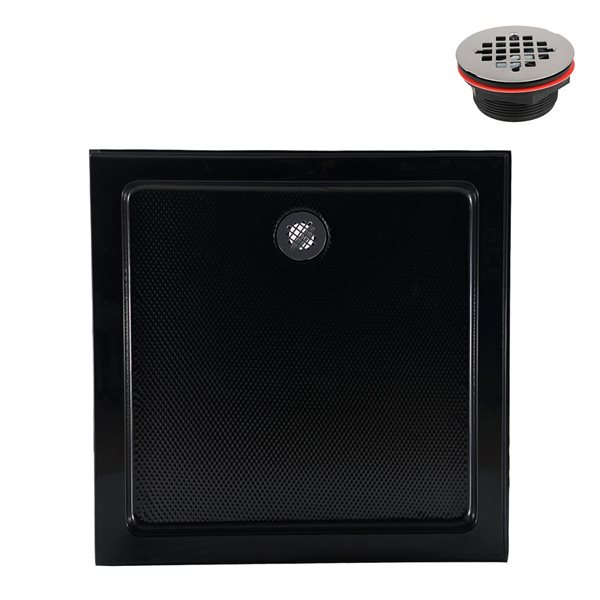 Bac de douche acrylique en coin Streamline 36 x 36 po noir brillant, drain ABS à gauche inclus