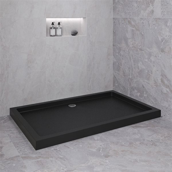 Bac de douche acrylique en coin Streamline 60 x 36 po noir brillant drain, drain ABS à gauche inclus