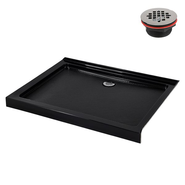 Bac de douche en coin acrylique Streamline rectangle 48 x 36 po noir brillant, drain ABS à gauche inclus