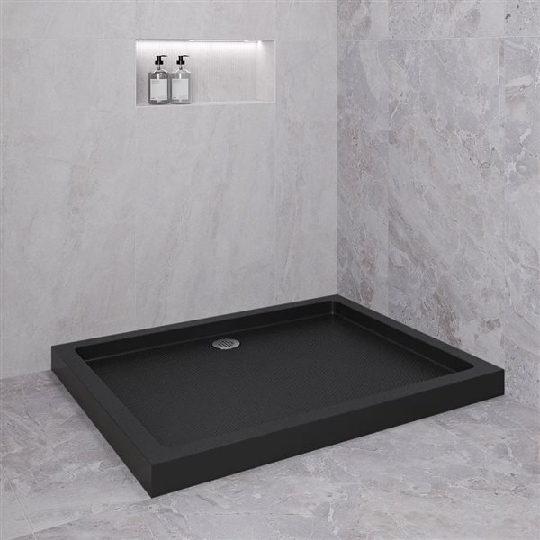 Bac de douche en coin acrylique Streamline rectangle 48 x 36 po noir brillant, drain ABS à gauche inclus