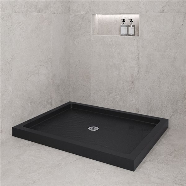 Bac de douche en coin acrylique Streamline rectangle 48 x 36 po noir brillant drain centré, drain ABS inclus