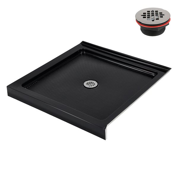 Bac de douche acrylique en coin Streamline 36 x 36 po noir brillant drain centré, drain ABS inclus