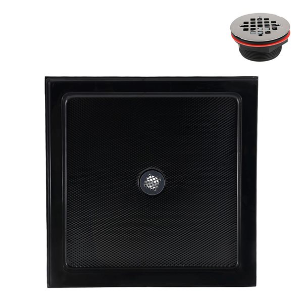 Bac de douche acrylique en coin Streamline 36 x 36 po noir brillant drain centré, drain ABS inclus