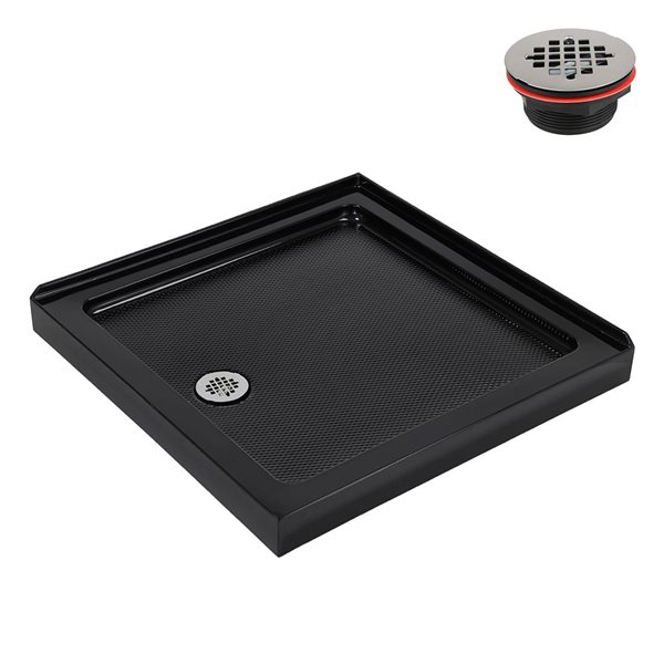 Bac de douche acrylique en coin Streamline 36 x 36 po noir brillant drain à gauche, drain ABS inclus