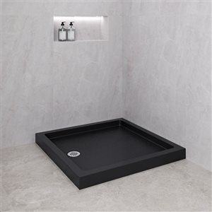 Bac de douche acrylique en coin Streamline 36 x 36 po noir brillant drain à gauche, drain ABS inclus