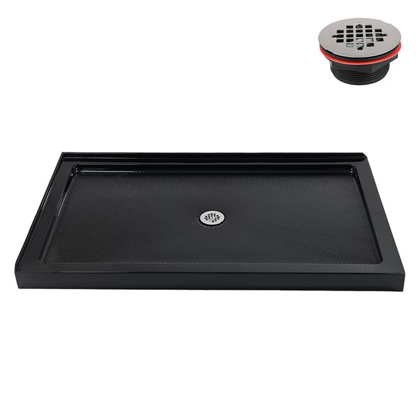 Streamline 60 x 36-in Corner Acrylic Shower Base in Glossy Black with Center Drain, ABS Drain Included