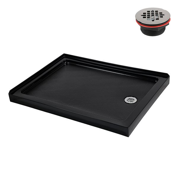 Bac de douche en coin acrylique Streamline 48 x 36 po noir brillant drain à droite, drain ABS inclus