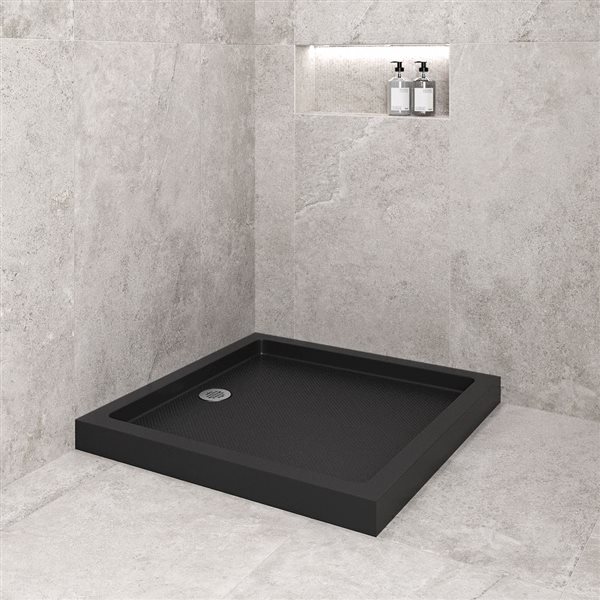 Bac de douche acrylique en coin carré Streamline 36 po noir brillant drain à gauche, drain ABS inclus