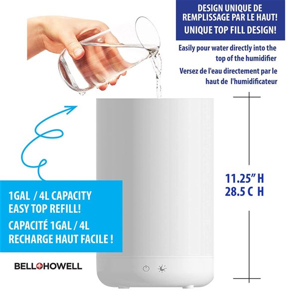 Humidificateur à ultrasons à vapeur froide Bell + Howell à remplissage supérieur avec diffuseur