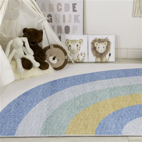 Tapis d'intérieur doux pour enfants Soft Steps Playtime par Rug Branch 4 x 6 po arc-en-ciel Bleu clair Ivoire